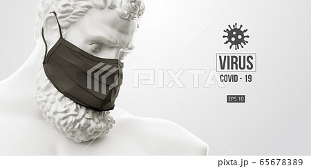 Novel coronavirus COVID-2019. White statue of Hercules symbolizes masked man on a white background. Virus 2019-nCoV logo. Stay at home challenge. Medical mask and virus protection. Vector illustration 65678389