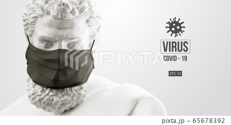 Novel coronavirus COVID-2019. White statue of Hercules symbolizes masked man on a white background. Virus 2019-nCoV logo. Stay at home challenge. Medical mask and virus protection. Vector illustration Novel coronavirus COVID-2019. White statue of Hercules symbolizes masked man on a white background. Virus 2019-nCoV logo. Stay at home challenge. Medical mask and virus protection. Vector illustration 65678392