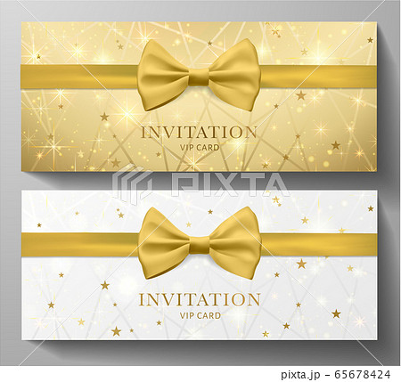 Golden Invitation template with gold bow tie (ribbon), lines, stars on golden background. Premium vip class design for Gift certificate, Voucher, Gift card  65678424