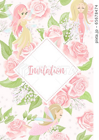 Cards for wedding invitation or birthday greeting with rose flowers and pixies 65678474