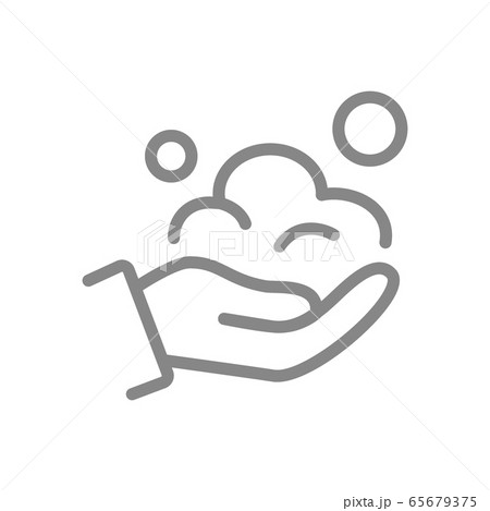 Human hand with soap lather line icon. Hand cleaning, disinfection, hygiene symbol Human hand with soap lather line icon. Hand cleaning, disinfection, hygiene symbol 65679375