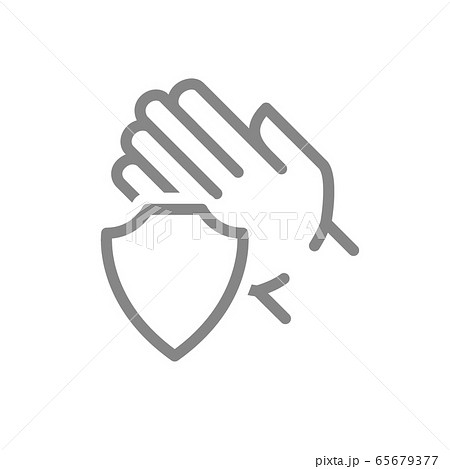 Human hand with shield line icon. Treatment, hand disinfection, hygiene symbol 65679377
