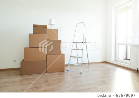Cardboard boxes for moving in interior apartment, Cardboard boxes for moving in interior apartment, 65679697