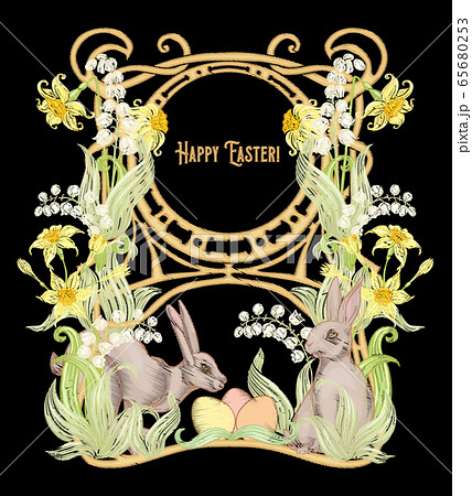 Happy easter Embroidery imitation with a hare, 65680253