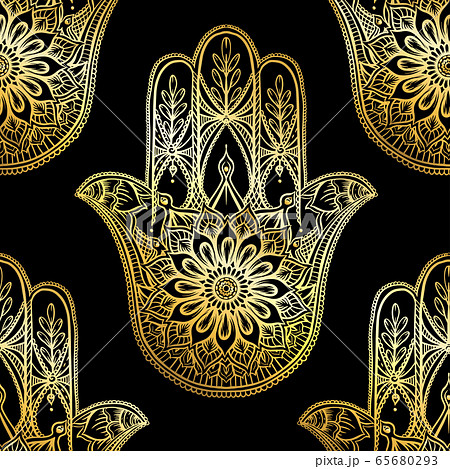 Seamless Pattern With Ornate Hand Drawn Hamsa のイラスト素材