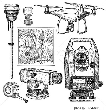 Geodetic equipment hand drawn vector illustration. Measuring instruments engraved style. 65680599