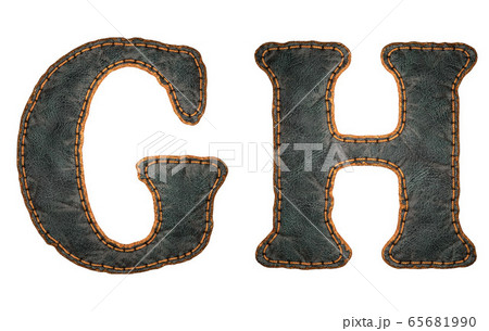 Set of leather letters G, H uppercase. 3D render font with skin texture isolated on white background. 65681990