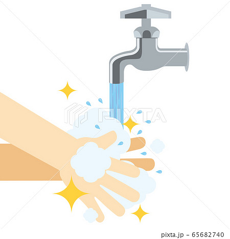 感染予防の手洗いのイラスト 蛇口と水道と手と泡のアイコンのイラスト素材