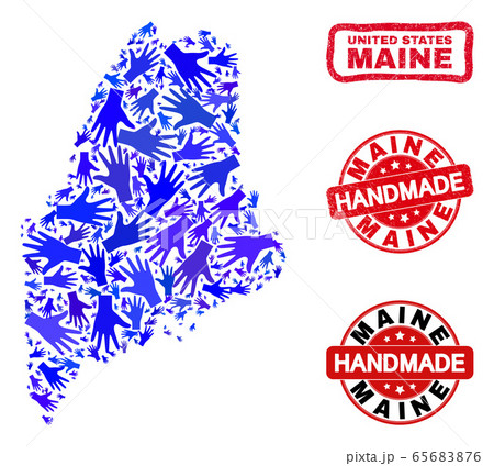 Hand Collage of Maine State Map and Textured Handmade Seals 65683876