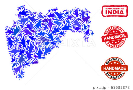 Hand Collage of Maharashtra State Map and Textured Handmade Seals 65683878