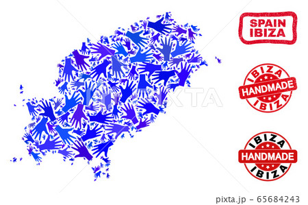 Hand Collage of Ibiza Island Map and Scratched Handmade Seals 65684243