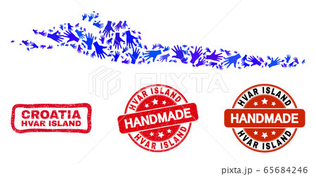 Hand Collage of Hvar Island Map and Scratched Handmade Stamps 65684246