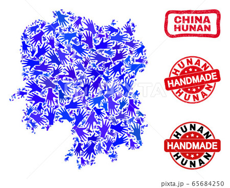 Hand Composition of Hunan Province Map and Grunge Handmade Stamps Hand Composition of Hunan Province Map and Grunge Handmade Stamps 65684250