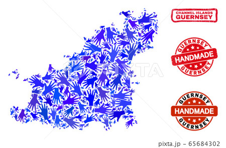 Hand Collage of Guernsey Island Map and Scratched Handmade Stamps 65684302