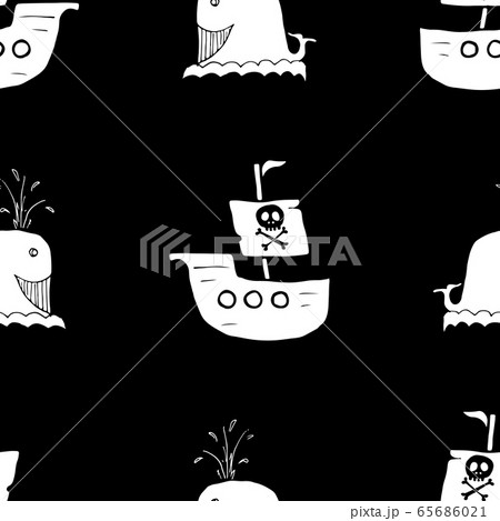 Pirate boat and whale Seamless pattern. Cute Doodles pirate sketch. Hand drawn Cartoon Vector illustration. 65686021
