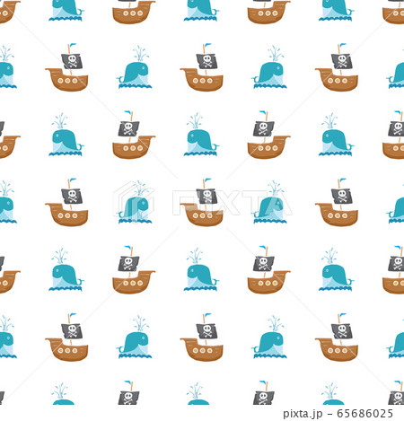 Pirate Boat And Whale Seamless Pattern Cute のイラスト素材
