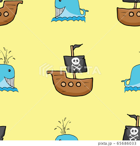 Pirate boat and whale Seamless pattern. Cute Doodles pirate sketch. Hand drawn Cartoon Vector illustration. Pirate boat and whale Seamless pattern. Cute Doodles pirate sketch. Hand drawn Cartoon Vector illustration. 65686033