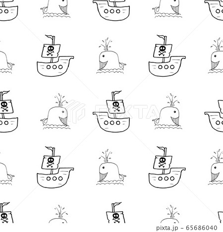 Pirate boat and whale Seamless pattern. Cute Doodles pirate sketch. Hand drawn Cartoon Vector illustration. Pirate boat and whale Seamless pattern. Cute Doodles pirate sketch. Hand drawn Cartoon Vector illustration. 65686040