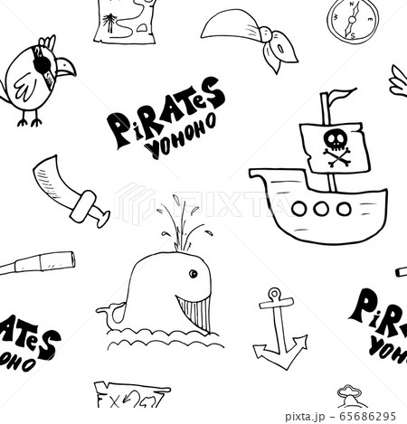 Pirate Doodles Seamless pattern. Cute pirate items sketch. Hand drawn Cartoon Vector illustration. 65686295