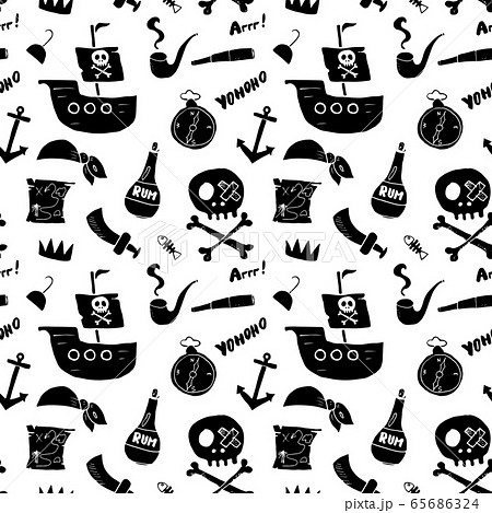 Pirate Doodles Seamless pattern. Cute pirate items sketch. Hand drawn Cartoon Vector illustration. 65686324
