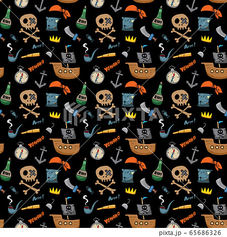 Pirate Doodles Seamless pattern. Cute pirate items sketch. Hand drawn Cartoon Vector illustration. 65686326