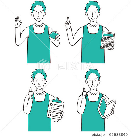 手描き1colorエプロンを着た男性　4アイテム　ポジティブ4ポーズ 65688849