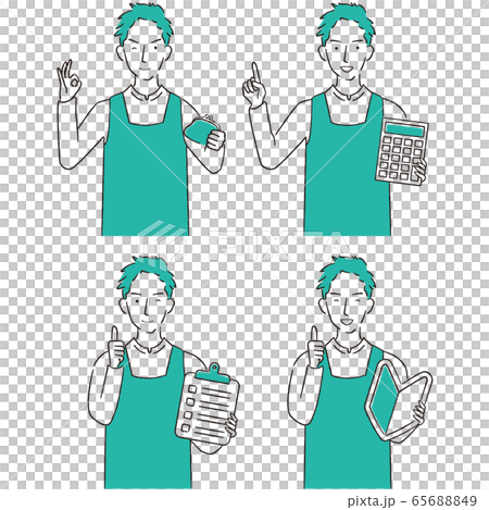 手描き1colorエプロンを着た男性　4アイテム　ポジティブ4ポーズ 65688849