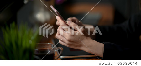 Side view of female freelancer typing on 65689044