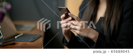 Cropped shot of female freelancer typing text 65689045