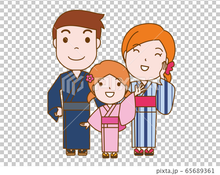 有一張微笑的面孔的一個家庭在yukata 有一張微笑的面孔的一個家庭在yukata 65689361
