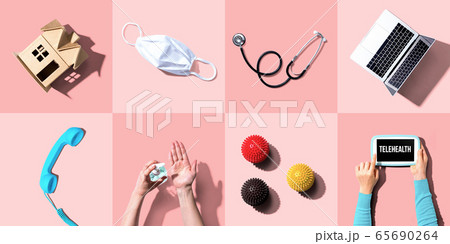 Telehealth theme flatlay with overhead tiles Telehealth theme flatlay with overhead tiles 65690264