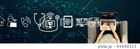 Telemedicine theme with person using a laptop Telemedicine theme with person using a laptop 65690313