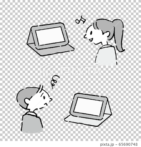 タブレット視聴を楽しむ子 楽しめない子 モノクロのイラスト素材