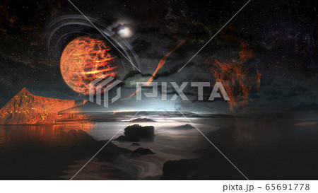 Alien planet with moons and mountains landscape. 65691778