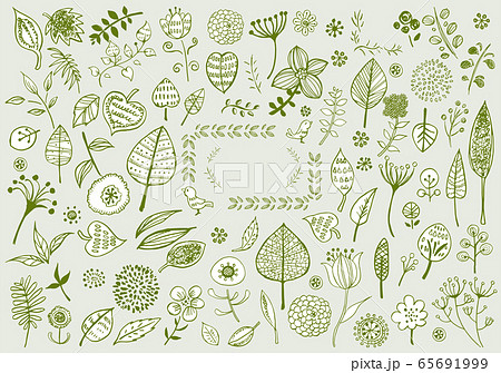 線画 北欧風 イラスト かわいい 手書き 挿絵 ベクター 花 木 葉 植物 緑 リーフのイラスト素材