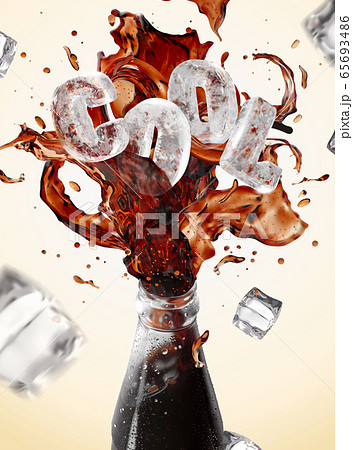 Splashing cola with ice blocks 65693486