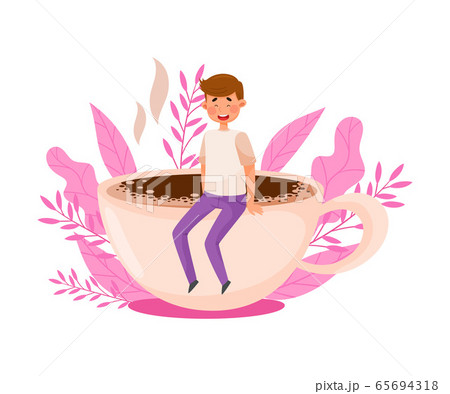 Young Man Character Sitting on the Edge of Huge Coffee Cup with Floral Backdrop Vector Illustration 65694318