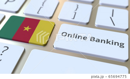 Online Banking text and flag of Cameroon on the keyboard. Internet finance related conceptual 3D rendering 65694775