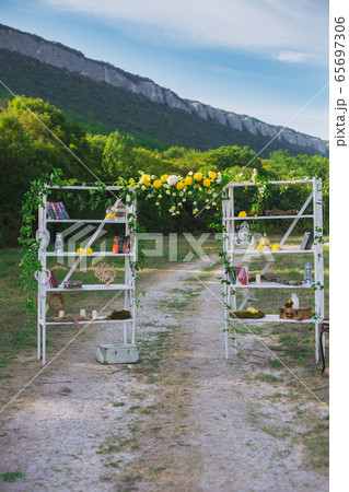 Wedding on a plate green background and a 65697306