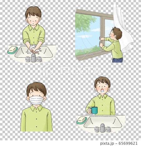 感染予防 うがい 手洗い 換気 マスク セット 男子学生 のイラスト素材