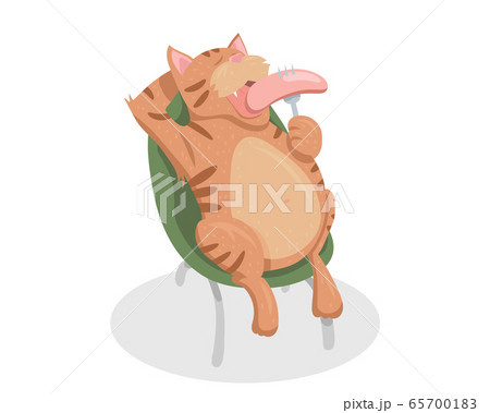 Fat Cat Eating Sausage And Lying In Chair Vectorのイラスト素材