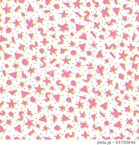 Geometric shapes pink and yellow seamless vector pattern. Triangles, dots, stars, and circles on a Geometric shapes pink and yellow seamless vector pattern. Triangles, dots, stars, and circles on a 65700640