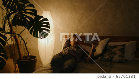 Man switching lighting on and off with home hub 65701331