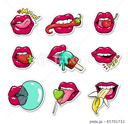 Set of female mouths with lipstick cartoon pop art style 65701732
