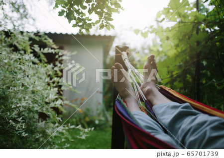 Male feet in hammock close-up, unrecognizable 65701739