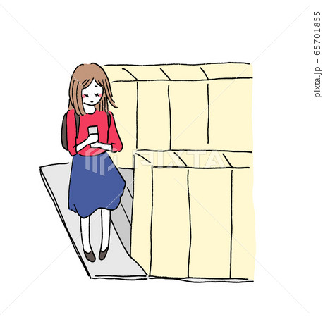 スマホで連絡し駅の出口で待ち合わせする女性のイラスト素材