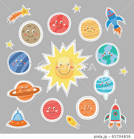 Set of cartoon planets with funny faces stickers vector illustration isolated. 65704836