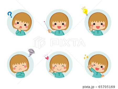 質疑応答から理解までを表す可愛い女の子のアイコンセットのイラスト素材