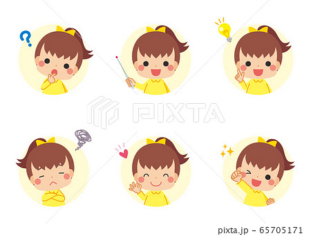 質疑応答から理解までを表す可愛い女の子のアイコンセットのイラスト素材