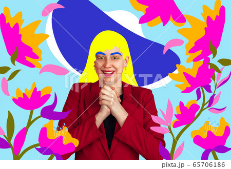 Portrait of a young woman with freaky appearance, look and bright colorful painted design 65706186